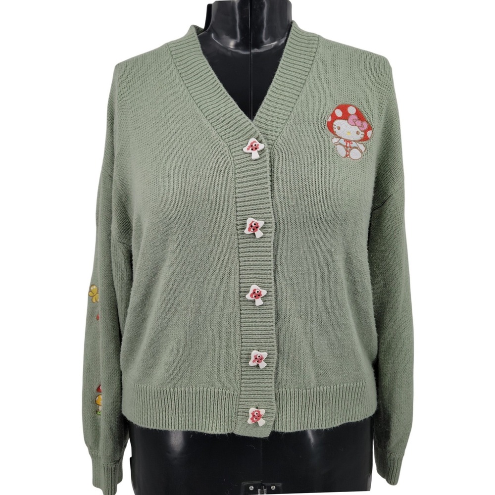 Hello Kitty Sanrio Cardigan Women XL Green Mushroom Embroidered Earthy Sweater